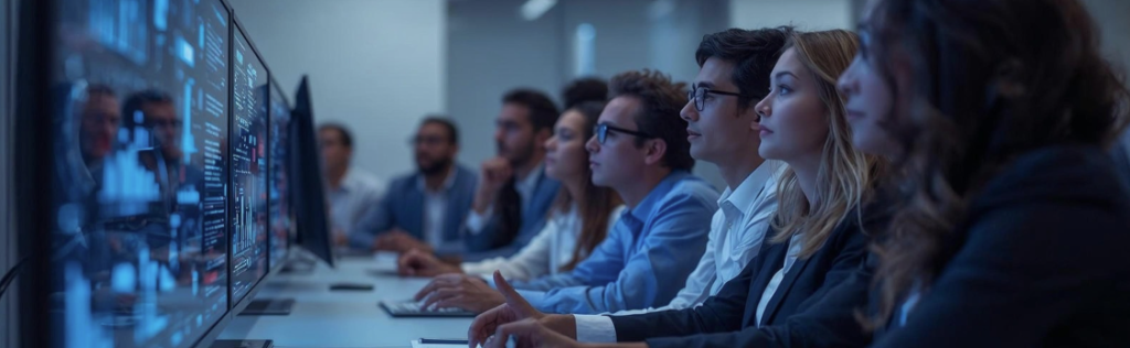 Employees in a modern office learning AI skills in front of computer screens, representing workforce reskilling and the impact of artificial intelligence on jobs