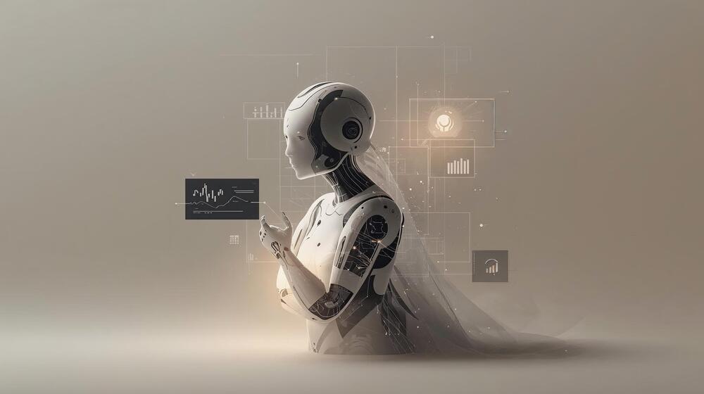 Futuristic AI robot illustration symbolizing autonomous AI agents, performing digital tasks with data charts and analytics overlays