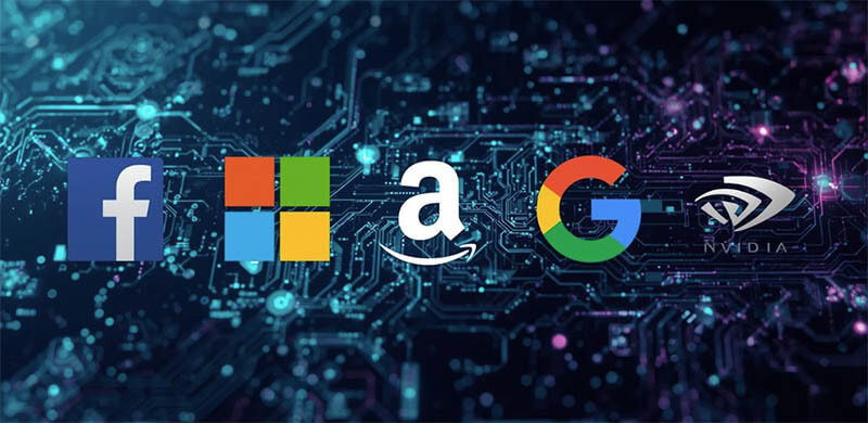 Logos of major tech companies – Facebook, Microsoft, Amazon, Google, and Nvidia – displayed on a digital circuit board background
