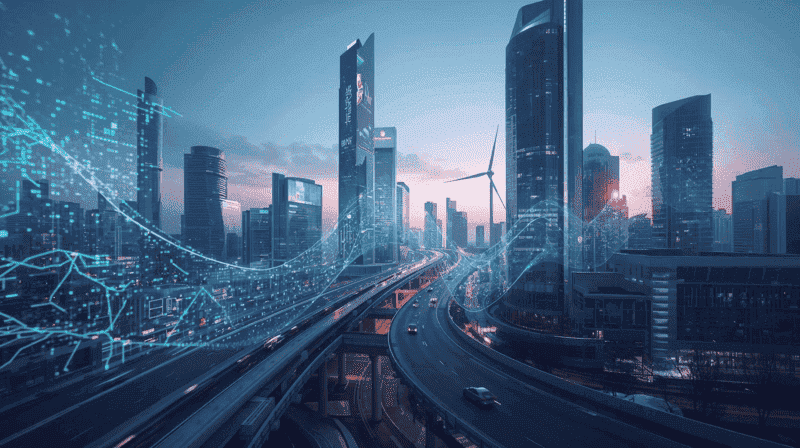 Futuristic smart city powered by AI – digital networks, autonomous vehicles, and renewable energy highlight how artificial intelligence transforms urban life and global industries