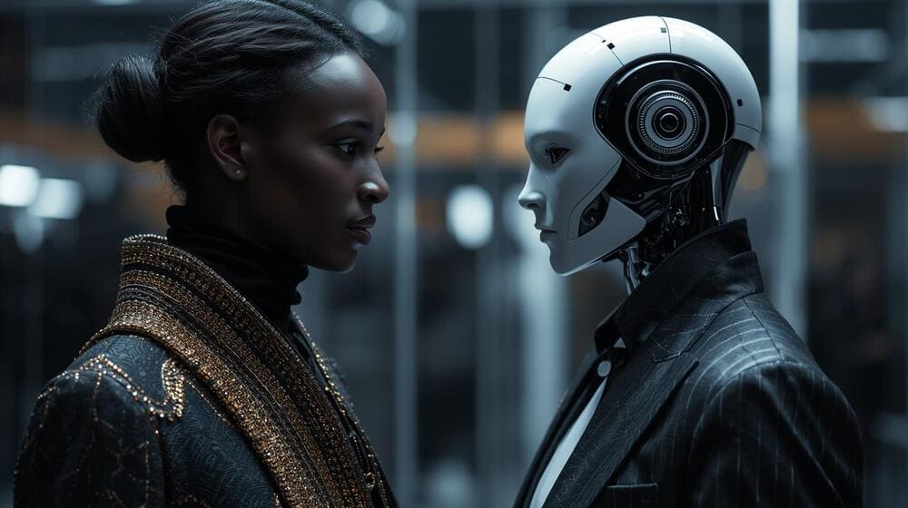 A human facing an advanced humanoid robot, symbolizing the connection and conversation between people and artificial intelligence