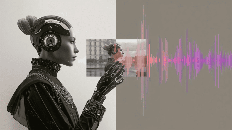 Futuristic robot demonstrating multimodal AI by processing text, images, and sound waves, symbolizing advanced artificial intelligence in 2025