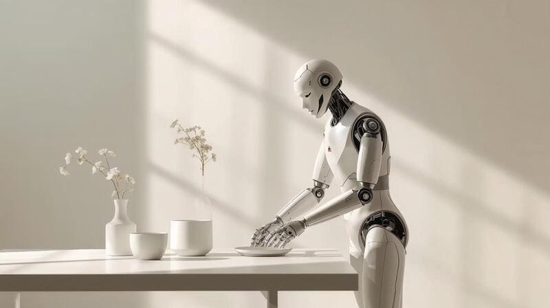 Humanoid robot setting a table with dishes and flowers, demonstrating advanced AI robotics and physical capabilities like arranging objects