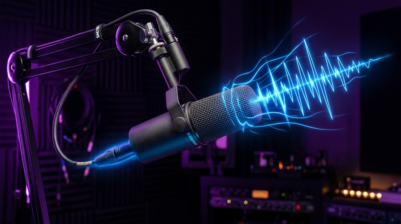 Professional podcast microphone with waveforms