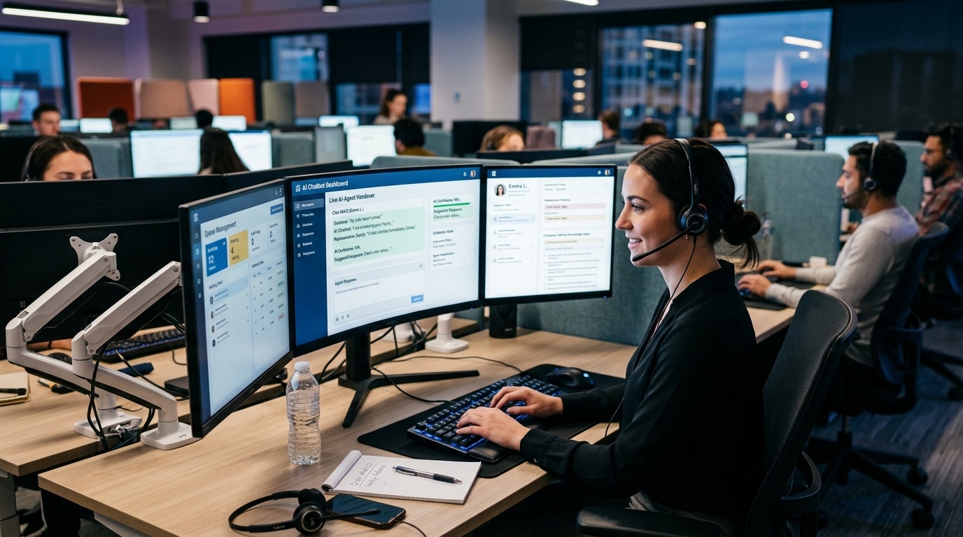 Customer service representative with AI chatbot dashboard